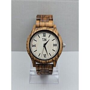 TJW Zebrawood Quartz Watch Roman Numeral Wooden Case 45mm New Battery Analog